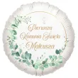 dekoracja na komunie personalizowany balon foliowy eukaliptus beauty imie bialy 18 rnd