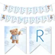 dekoracja na roczek 1 urodziny chlopca baner girlanda niebieski mis personalizacja imie dziecka