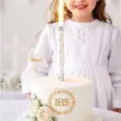 dekoracja tortu na pierwsza komunie swieta fontanna tortowa eukaliptus beauty raca swieca 18 cm