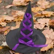 kapelusz dla czarownicy lub wiedzmy na halloween przyozdobiony wiazana tasiemka