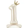 stojacy balon foliowy cyfra 1 z korona dekoracja na urodziny kremowy 33 dgt