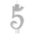 swieczka na tort cyferka 5 brokatowa srebrna partypal