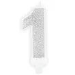 swieczka na tort cyfra 1 srebrna brokatowa partydeco 7 cm