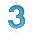 swieczka na tort cyfra 3 brokat niebieska guirca 4 cm
