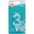 swieczka na tort cyfra 3 wypustki niebieska jasna perlowa godan 7 cm