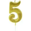 swieczka na tort cyfra 5 brokatowa zlota jix 12 cm