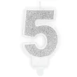 swieczka na tort cyfra 5 srebrna brokatowa partydeco 7 cm