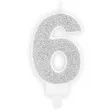 swieczka na tort cyfra 6 srebrna brokatowa partydeco 7 cm