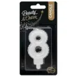 swieczka na tort cyfra 8 wypustki biala perlowa godan 7 cm