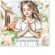 zaproszenie na komunie dziewczynka i kosciol pierwsza komunia swieta rozowy 15x15 cm 1 szt