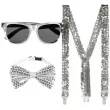 zestaw imprezowy cekiny okulary muszka szelki srebrny boland