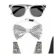 zestaw imprezowy cekiny okulary muszka szelki srebrny boland